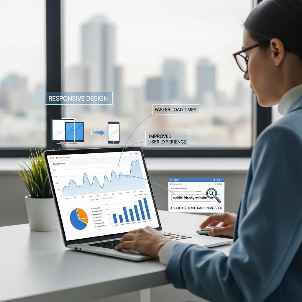 Digital marketing professional reviewing SEO metrics related to responsive web design