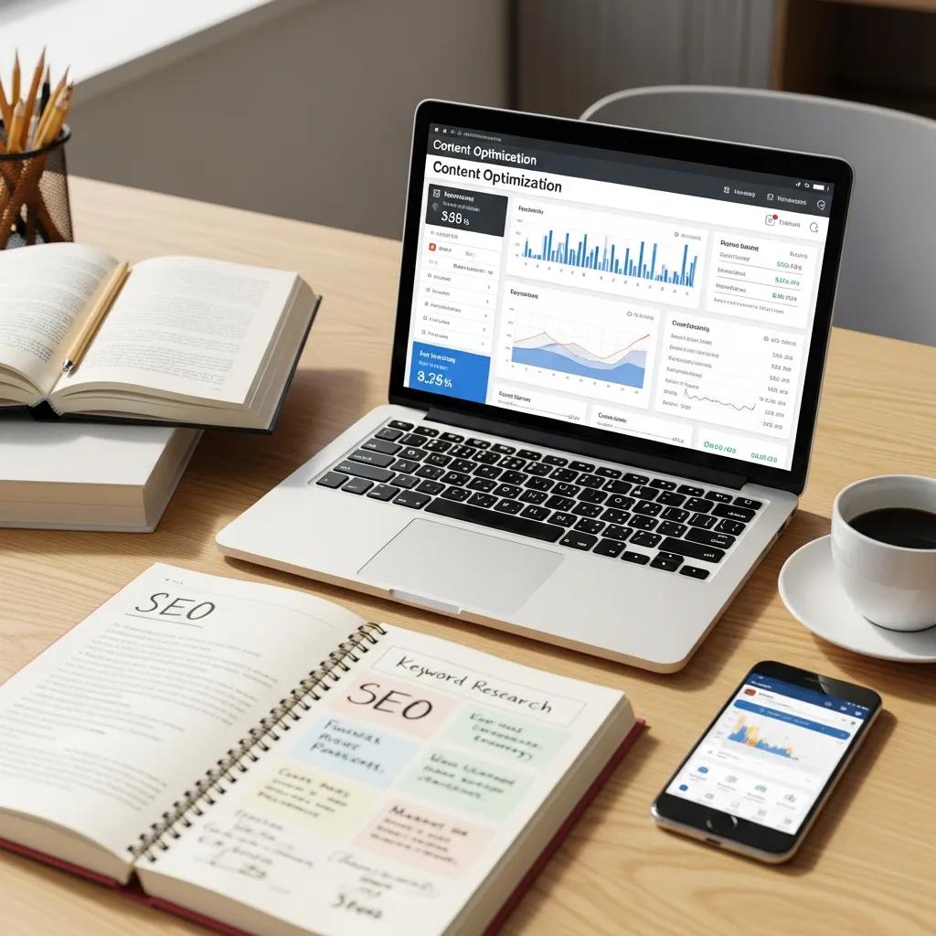 Digital workspace with laptop and SEO tools illustrating content optimization strategies