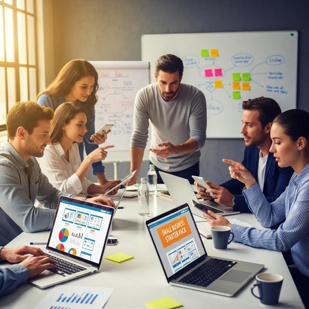 Diverse small business owners collaborating on affordable web design solutions in a modern workspace