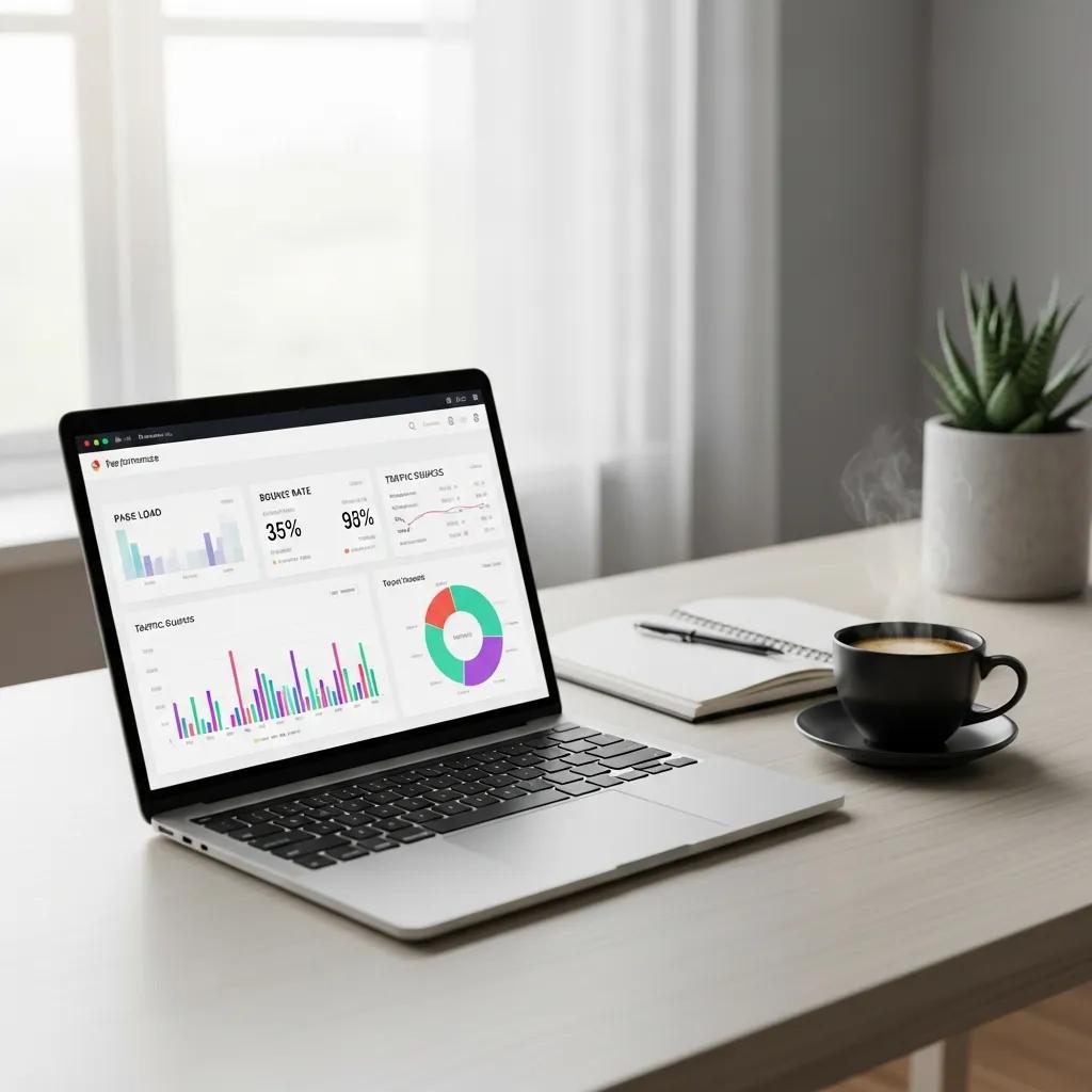 Modern digital workspace with a laptop showing website performance metrics, emphasizing Core Web Vitals