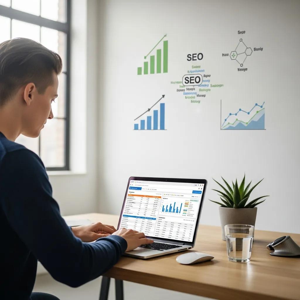 Person optimizing WordPress SEO in a modern workspace