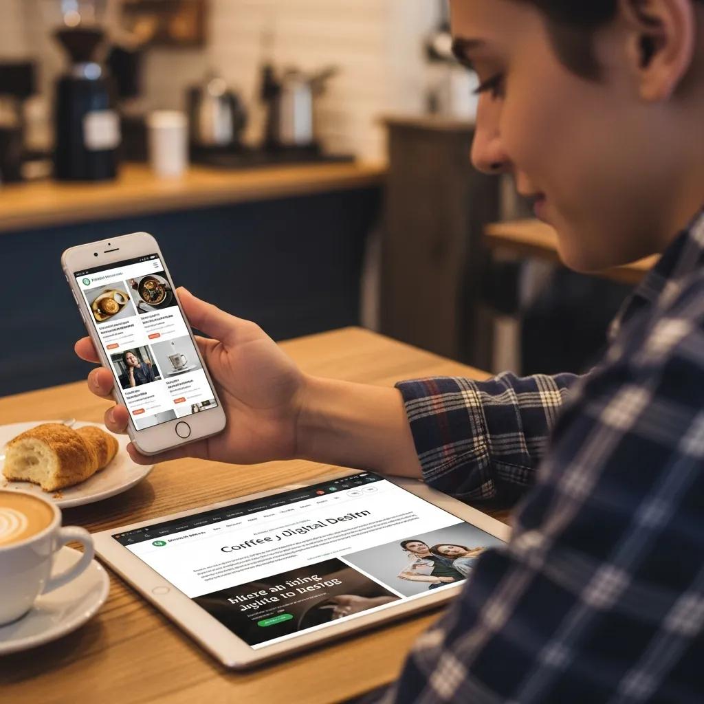 Person using smartphone and tablet to view responsive WordPress websites in a café