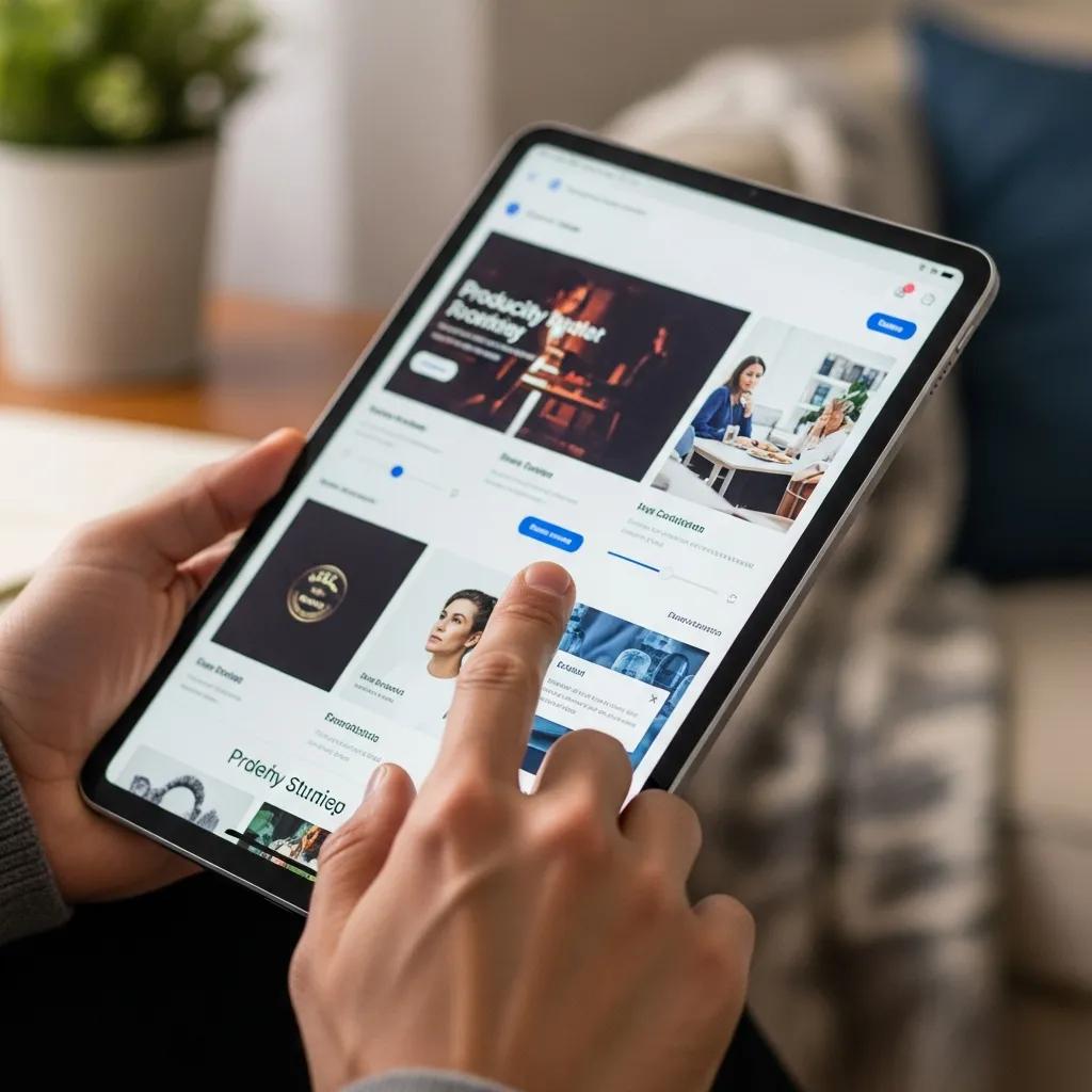 User interacting with a stable website interface on a tablet, highlighting visual stability